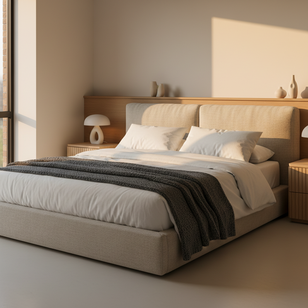 A cozy yet contemporary bedroom featuring a low platform bed with an upholstered sand-beige linen headboard, layered with crisp white bedding and a folded charcoal knit throw draped at the foot. Flanking the bed are slim oak nightstands with integrated grooves and a single sculptural table lamp on one side. The backdrop is a smooth, warm white wall with a narrow ledge holding minimalist ceramic decor. Late afternoon natural light enters from the left, creating soft, elongated shadows and a tranquil atmosphere. Photographic realism, shot from a corner at a slightly elevated angle, with a shallow depth of field subtly blurring the far wall. The mood is serene and inviting, perfect for illustrating modern interior comfort and style.