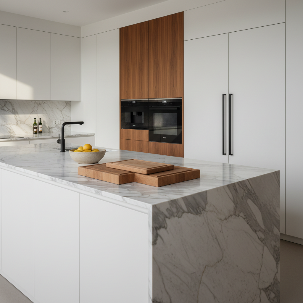 A sleek, minimalist kitchen showcasing matte white flat-panel cabinets without visible hardware, contrasted by a waterfall island in honed veined marble with subtle gray and taupe tones. On the island rests a neatly arranged trio of oak cutting boards, a stoneware bowl of lemons, and a single black metal faucet. The background reveals integrated appliances framed by warm walnut accents. Diffused morning light streams from an unseen window, creating a soft glow across the marble and gentle reflections on the cabinet fronts. Photographic realism, captured from a slightly elevated three-quarter angle with sharp focus throughout, emphasizes clean lines and a sophisticated, professional mood ideal for a modern home design blog.