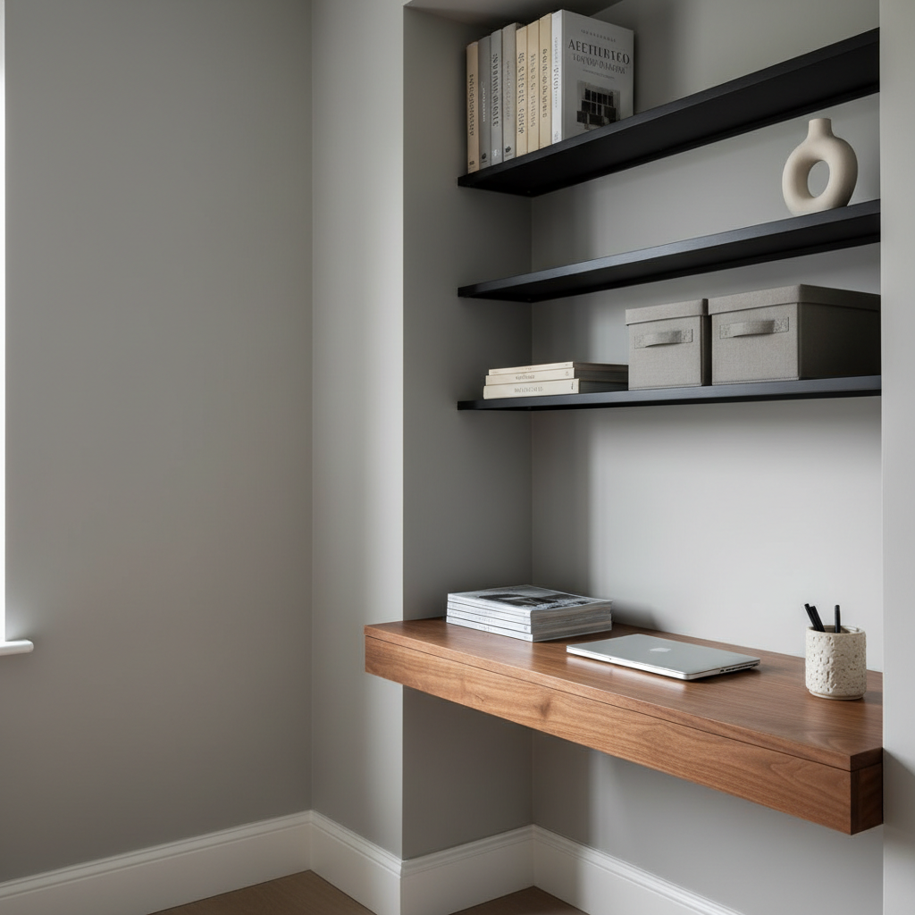 A refined home office nook built into a recessed wall, featuring a floating walnut desk with neatly organized design magazines, a closed laptop, and a small stoneware pen cup. Above, slim black metal shelves display a curated mix of architectural books, neutral-toned storage boxes, and a single sculptural object. The adjacent wall is painted a muted greige, contrasting with the warm wood and matte black accents. Indirect daylight from a nearby window creates a soft, even illumination, minimizing harsh shadows and highlighting materials. Photographic realism, framed in an asymmetrical composition with negative space on one side, captures a calm, professional workspace ideal for modern living and remodeling inspiration.