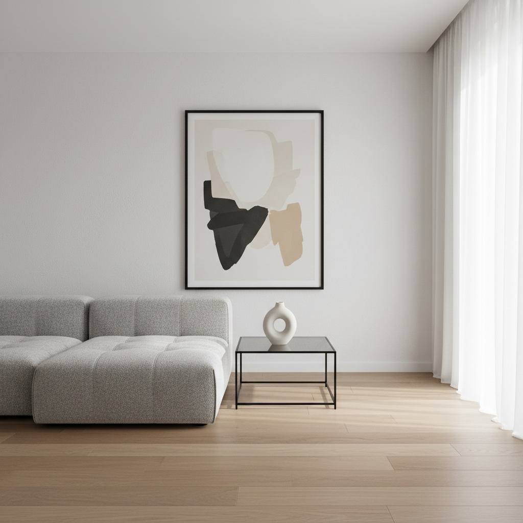 A meticulously styled modern living room featuring a low-profile, light gray modular sofa with textured boucle fabric, paired with a slim black metal coffee table topped with a single sculptural ceramic vase. The space sits within an open-plan interior with wide-plank oak flooring and a white plaster wall showcasing a large abstract framed print. Soft afternoon natural light filters through tall sheer curtains, casting gentle shadows and subtle highlights on the furnishings. Shot at eye level with a slightly wide lens for photographic realism, the composition follows the rule of thirds, leaving negative space around the furniture for a calm, editorial feel that conveys professional, modern interior design inspiration.